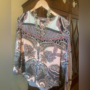 Vintage Talbots classic pink/black blouse with coordinating Talbots necklace